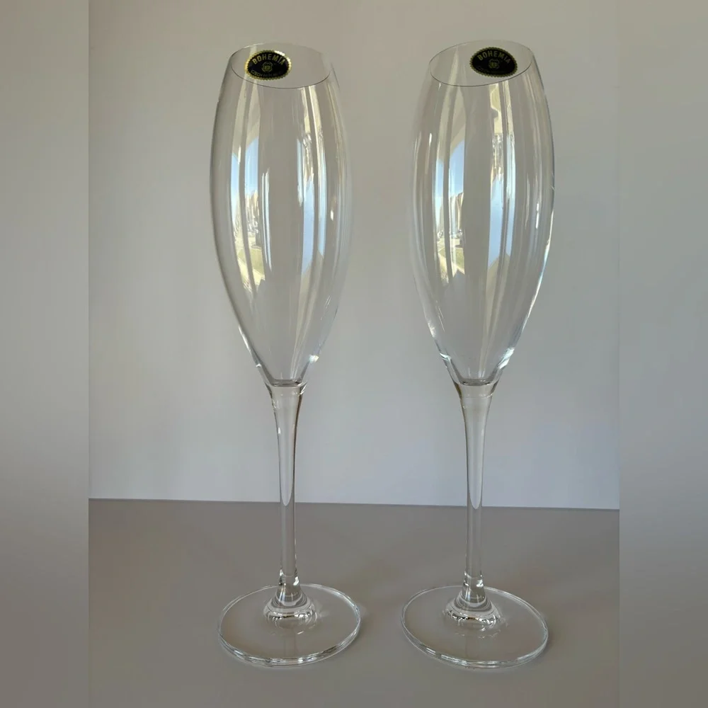 Bohemia Crystal Clear “Joy” Fluted Champagne Glasses with Sticker-2 Glasses